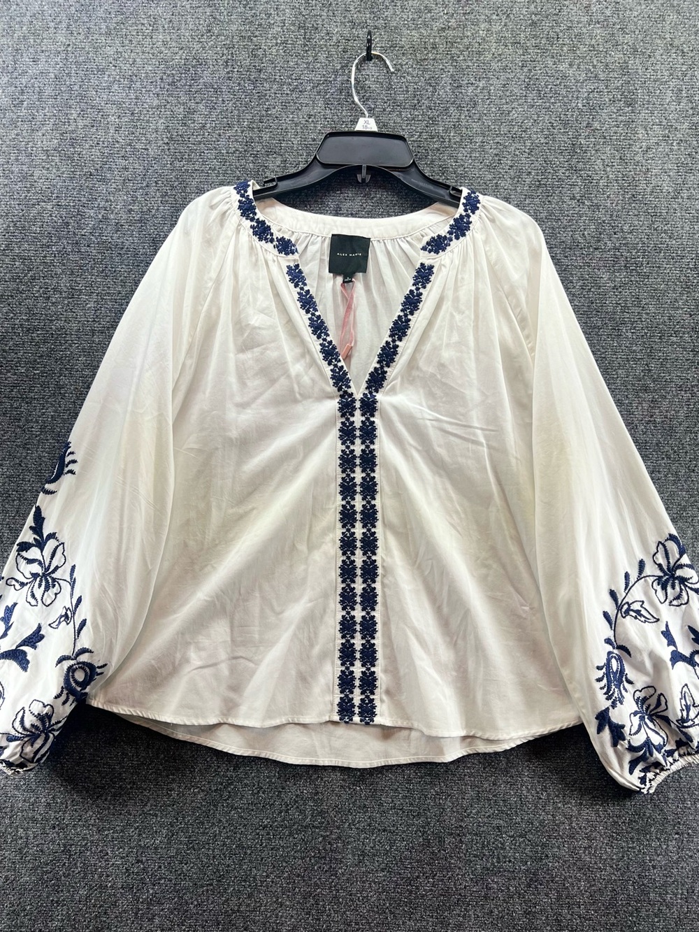 Alex Marie Embroidered Peasant Blouse Large White Navy Boho Coastal Cottagecore